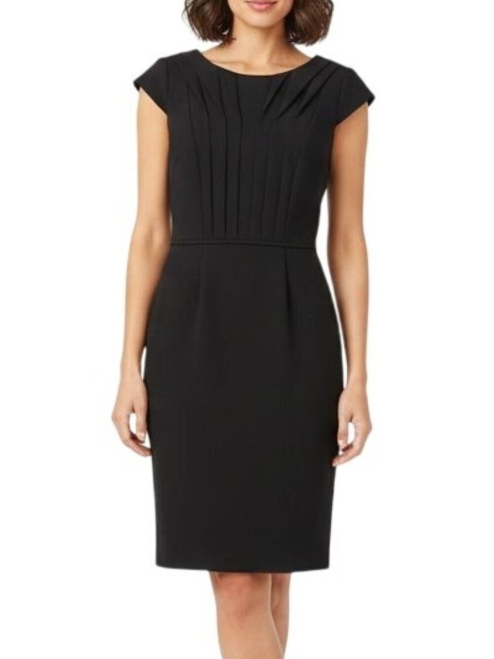 Tahari ASL Sheath Dress Size 4 Black Cap Sleeve Pleated Bodice Career Cocktail M